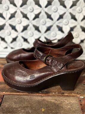 Børn Brown Leather Mary Jane Slingback Heels Women’s Platform Clogs